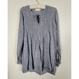 CP Shades Women Long-Sleeve Pintuck Tunic Top Small Linen Gray-Blue Keyhole Neck